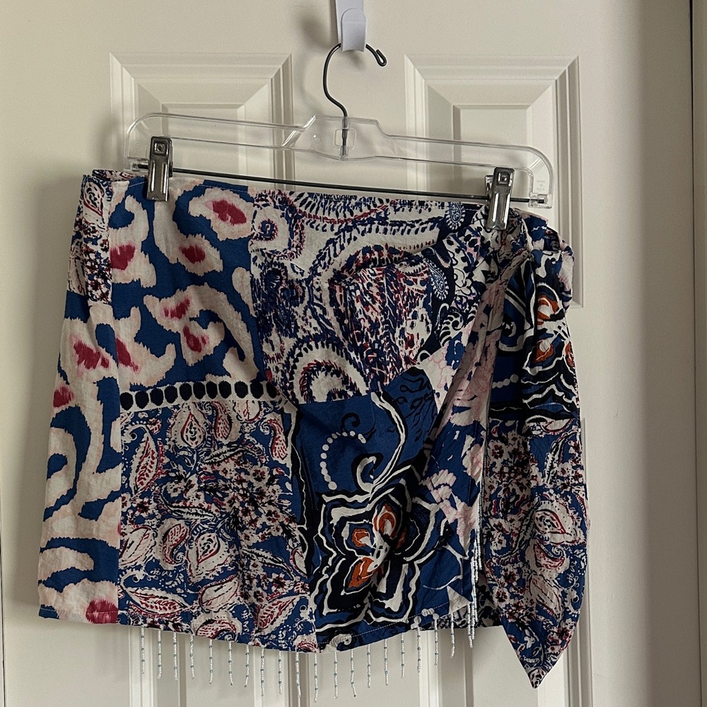 Zara Blue Paisley Print Mini Skirt with Tie Side and Bead Fringe